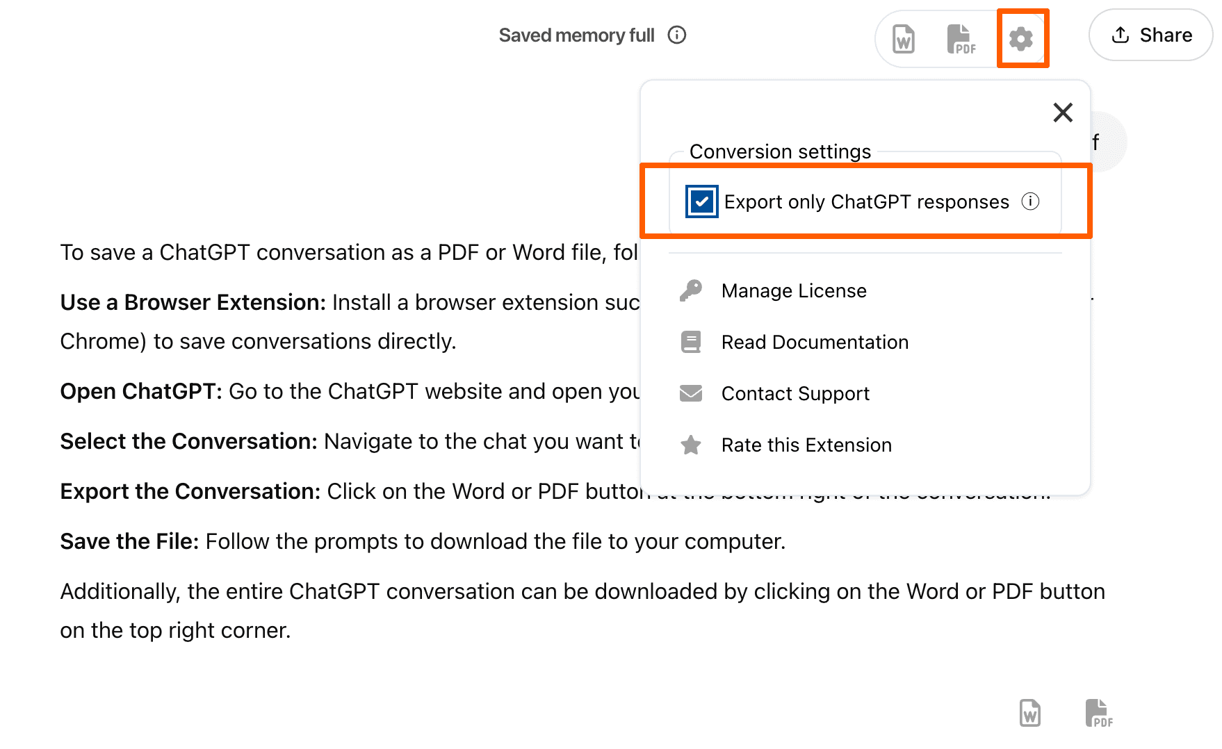 Screenshot showing the Export only Claude responses checkbox in Settings