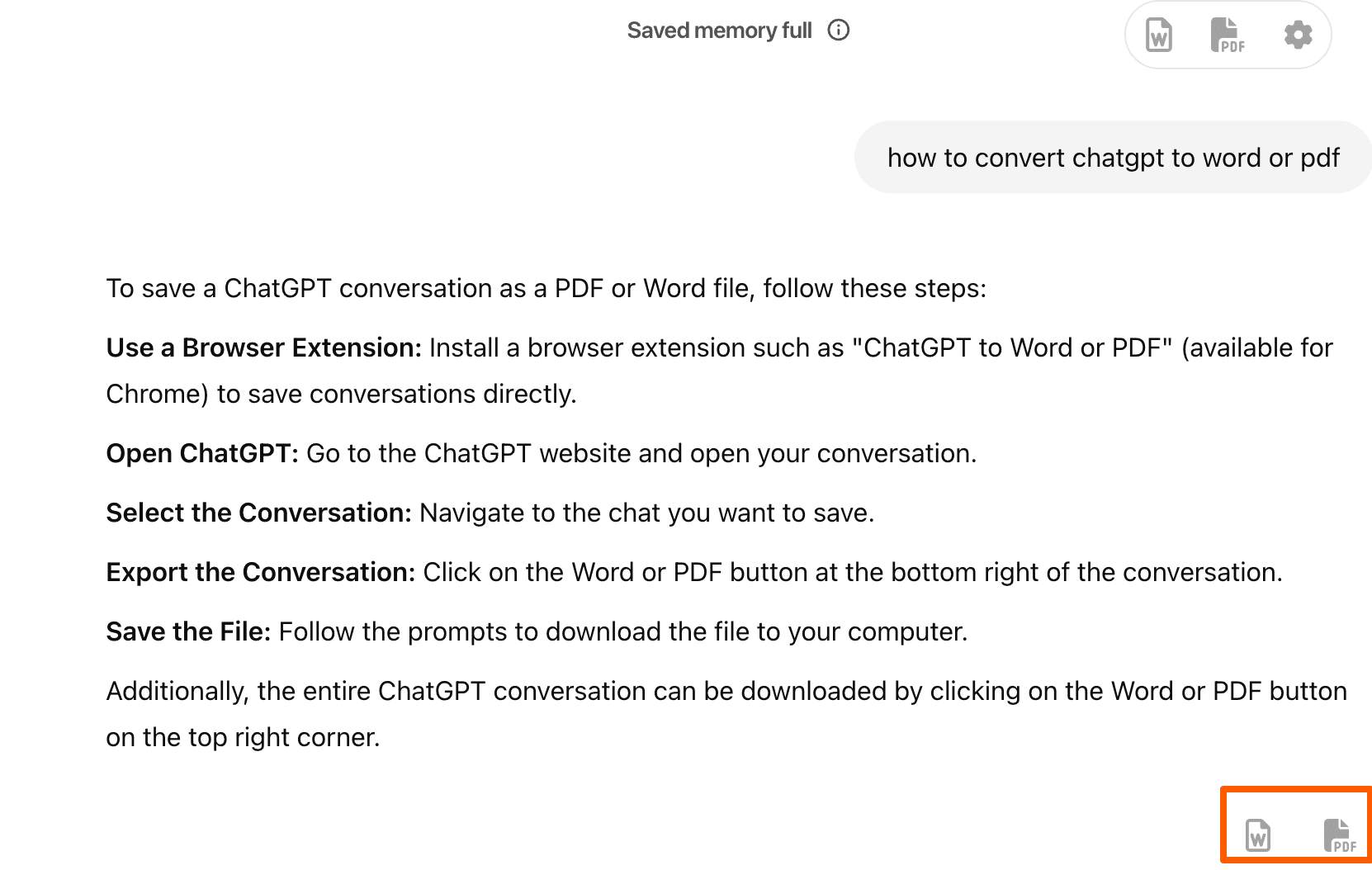 Screenshot showing export buttons at the bottom right corner of a Claude response
